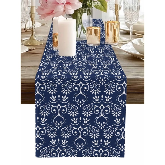 Table Runner Boho Floral Table Runners Navy Blue Bohemian Cotton Linen Dresser Scarf Kitchen Dining Table Decor for Home Dinner Party Decor 13x72 Inch