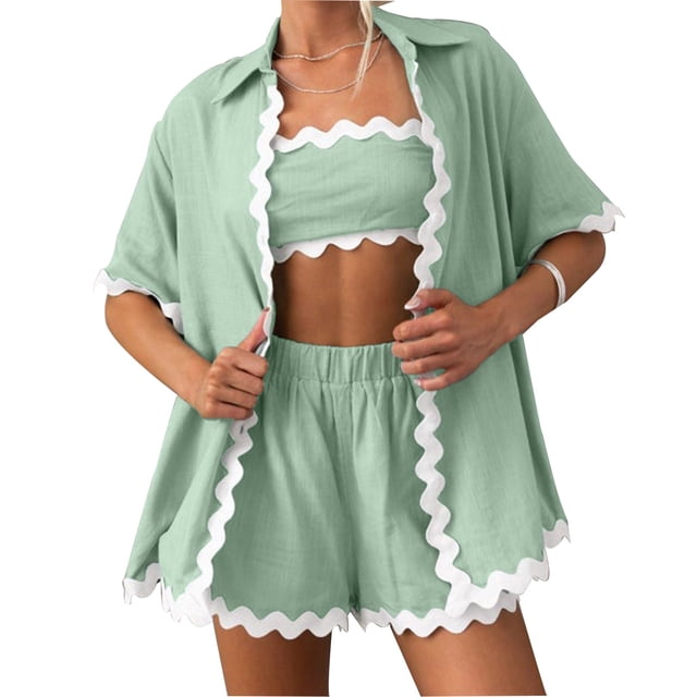 FAIWAD Pyjama pour Femmes Ensemble Court Chemise à Manches Courtes Boutonnée à Col à Revers et Short Pantalon Ensemble de Nuit Doux