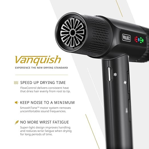 Wahl Professional Vanquish Hair Dryer, Controlled Airflow, SmoothTone Motor, 4 Heat & 3 Speed Settings, Auto-Clean Function, Lightweight, Slim Design