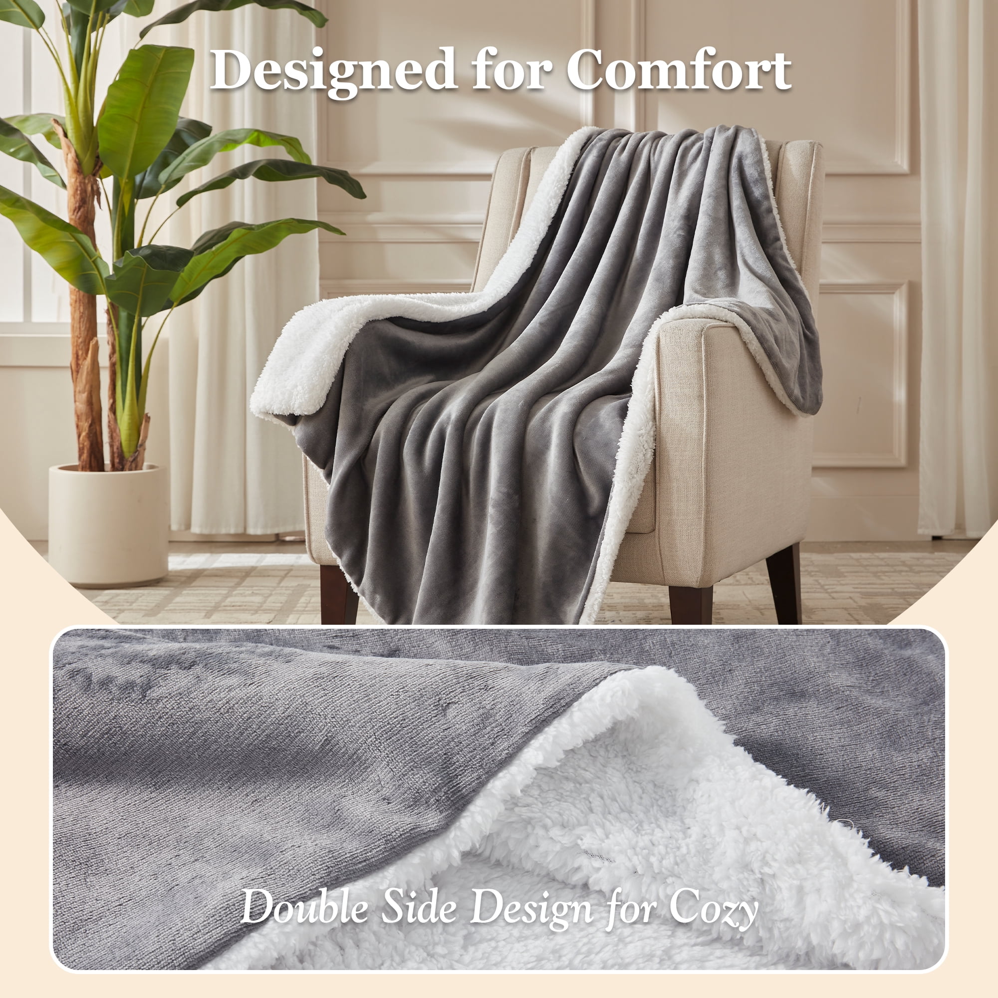 COZY@HOME Electric Blanket, Sherpa and Flannel Throw Size 50"x60", London Grey，Fast Heating 6 Heating Levels & 4H Auto-Off, Machine Washable