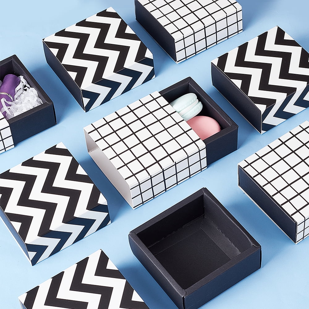 Square Folding Cardboard Small Cake Drawer Box Mooncake Wrapping Box Black White Wave Pattern Finish Product: 9x9x4cm(without Ribbon)