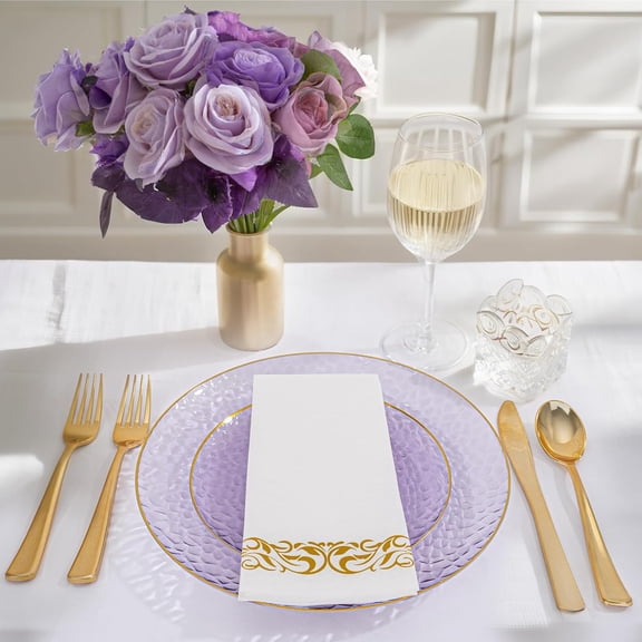 350 Pcs Clear Plastic Plates, Gold Plastic Dinnerware Set (50 Guests), Disposable Plates With Gold Rim, Hammered Party Plates Set for Wedding And Party