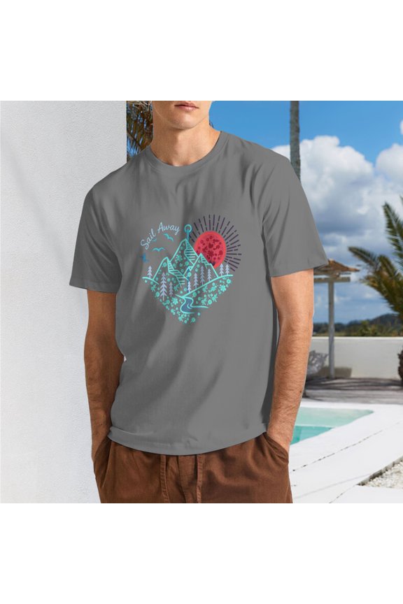 Men Heart Shaped Mountain Climbing Sunset Graphic Crew Neck T-Shirt, Sail Away Outdoor Adventure Poly Cotton Casual Short Sleeve Tee