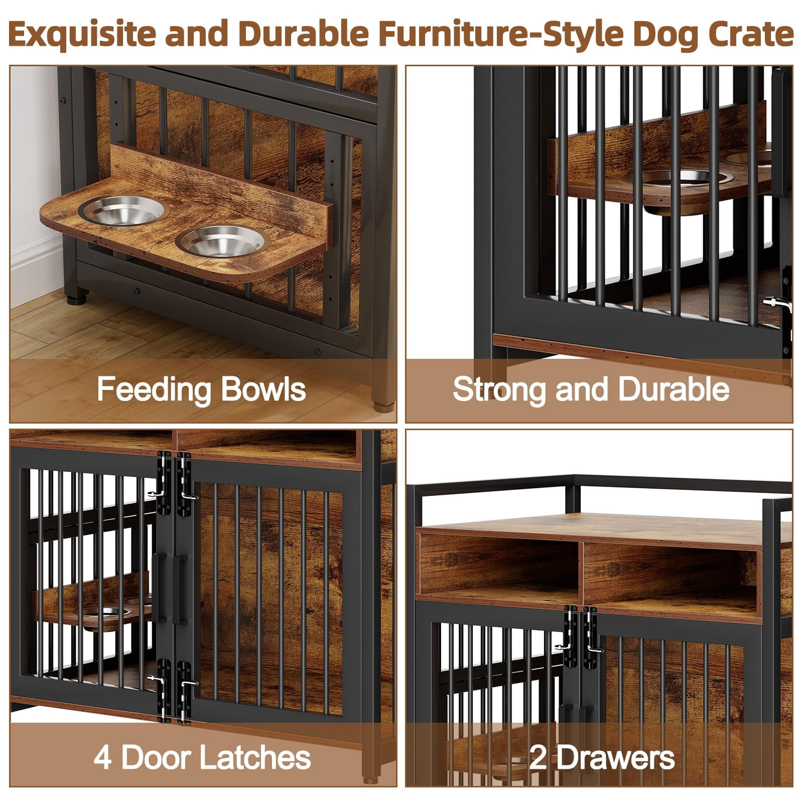 TROPOW 48 inch Large Dog Crate Furniture, Heavy Duty Wooden Dog Kennl with 2 Storage Drawers, 360° Adjustable Raised Feeder, Double Doors, Indoor Dog Crate for Large or Medium Dogs