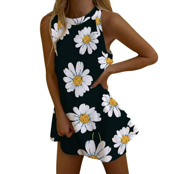 OAVQHLG3B Women's Dress Summer Dresses For Women Sunflowers Printing Tshirt Dress Sleeveless Casual Loose Tank Dress
