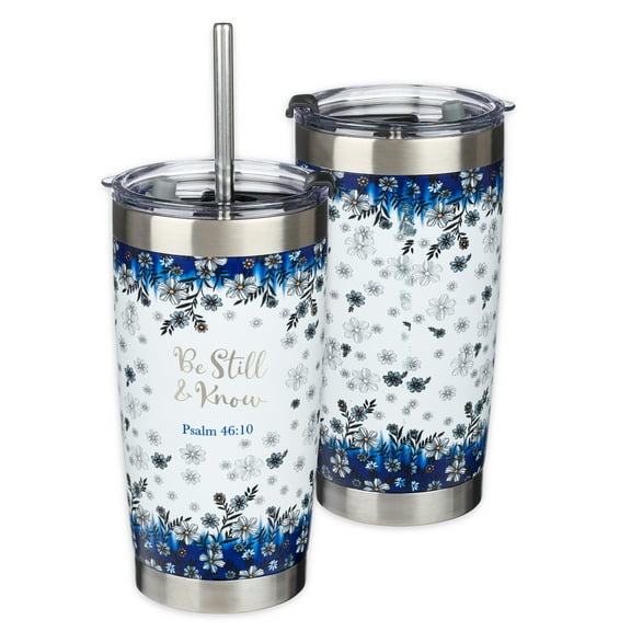 Christian Art Gifts Stainless Steel Double-Wall Vacuum Insulated Tumbler w/Straw & Lid for Women: Be Still & Know - Psalm 46:10 Inspirational Bible Verse Laser-engraved Travel Mug, Blue Floral, 18 oz.
