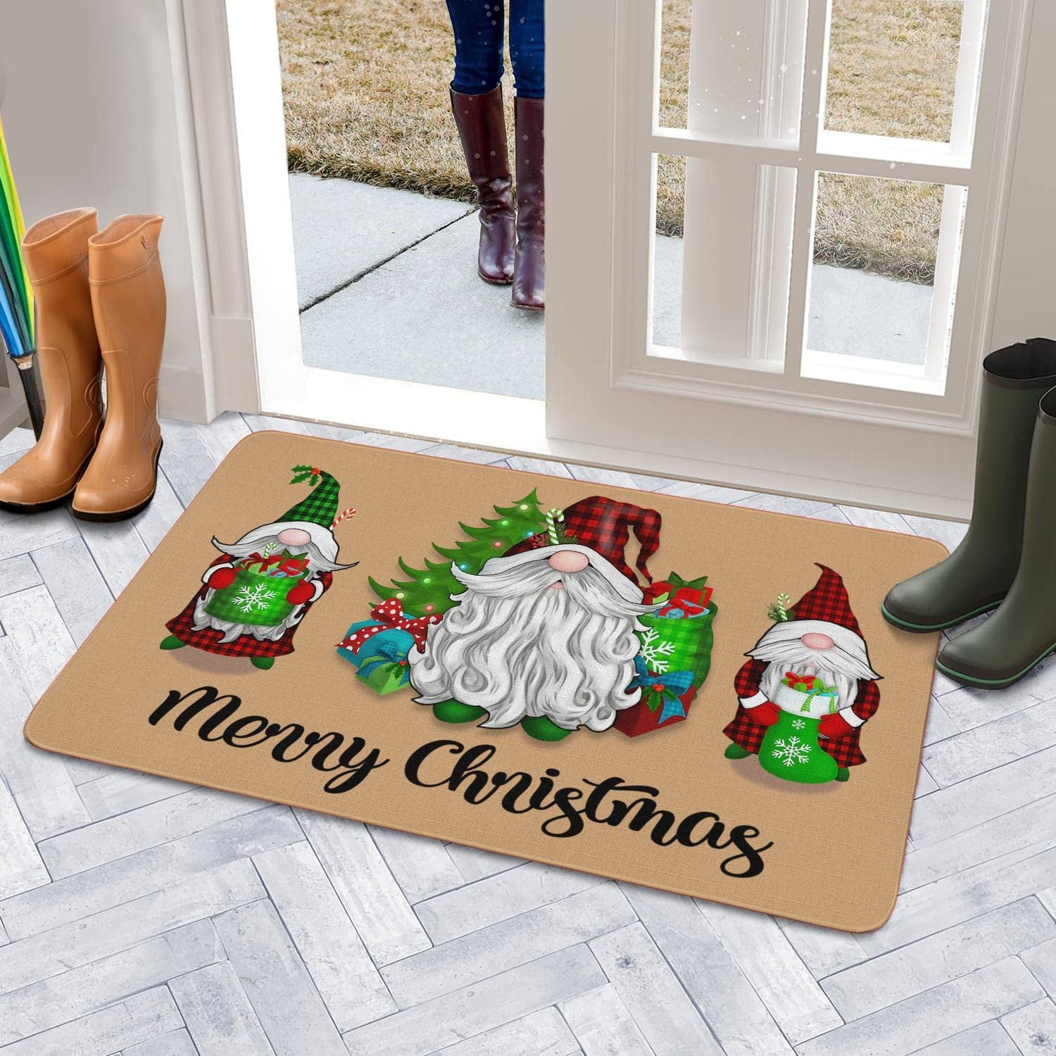 Nutksea Merry Christmas Doormat for Front Door Buffalo Plaid Gnome Decorative Welcome Doormat for Indoor Outdoor 17x 30 Inch