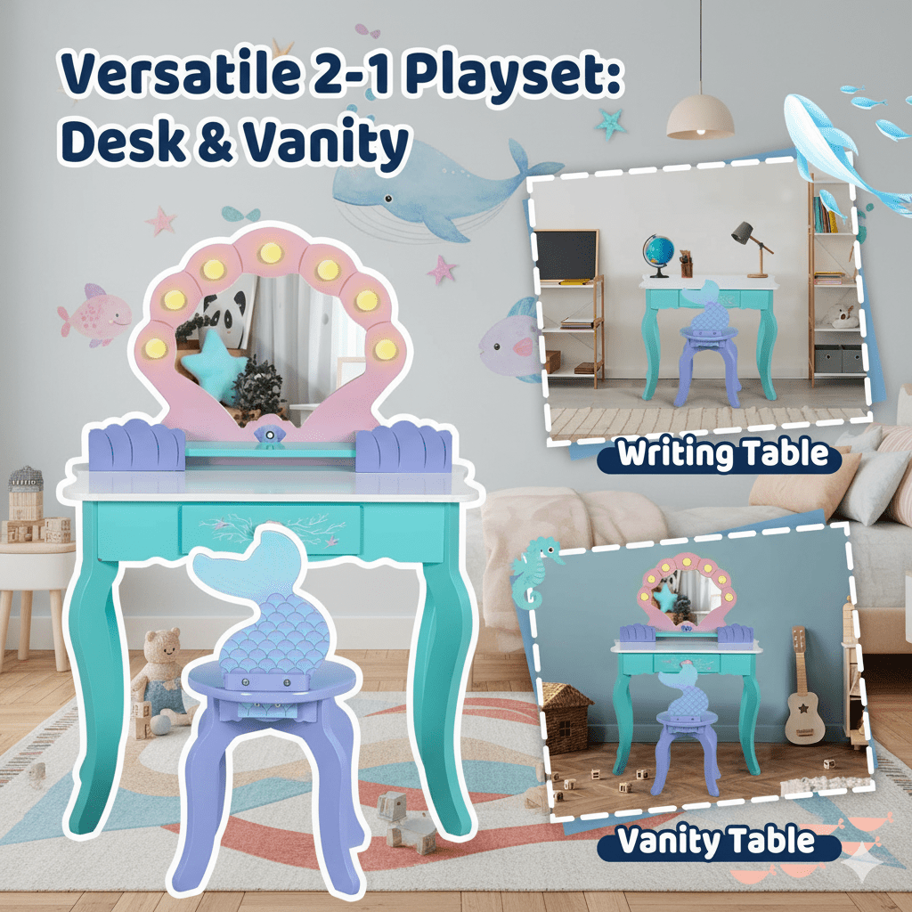 BRINJOY Kids Vanity with Lights, Wooden Princess Vanity for Girls, 2 in 1 Ocean Theme Toddler Dressing Table and Chair Set, Little Girl Makeup Vanity with Mirror for Children Birthday Christmas Gift
