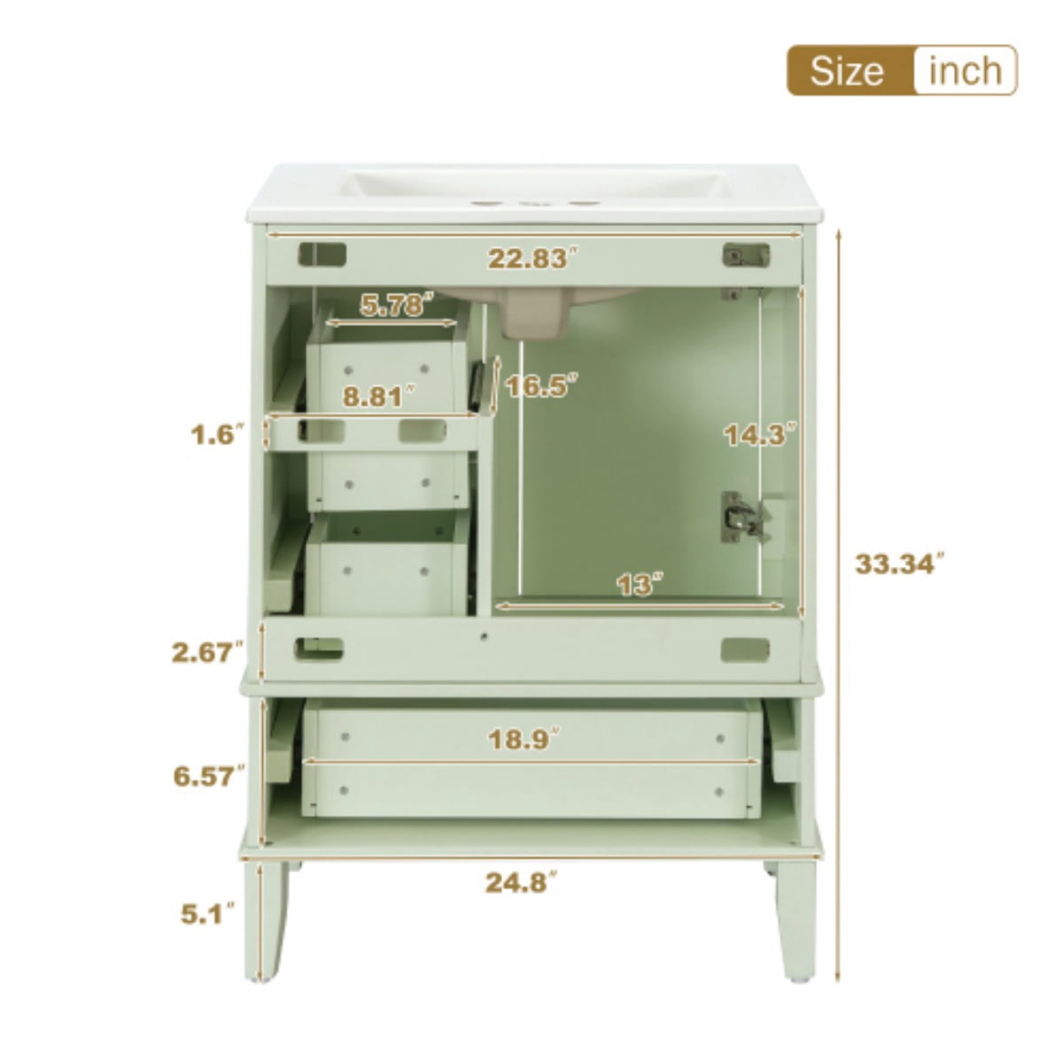 24.8" Bathroom Vanity with Ceramic Sink, Freestanding Bathroom Vanity Cabinet, Soft Close Door, 3 Drawers, Green