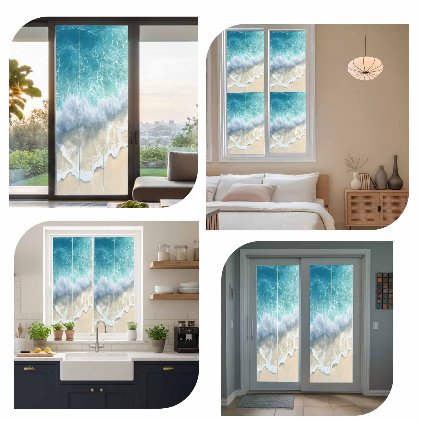 Blue Ocean Beach Waves Window Privacy Film Modern Art Decoration Decorative Glass Window Film UV Blocking Static Cling Non-Adhesive Sticker Covering for Home Door 35.4x78.7 inches