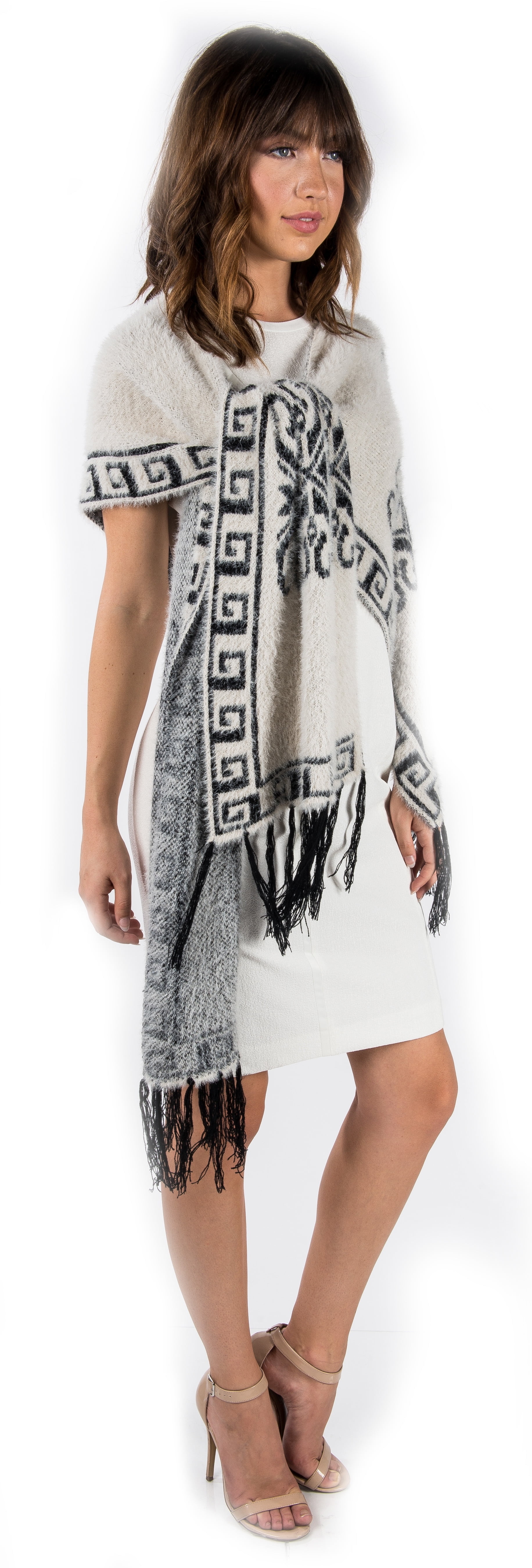 Women's Winter Knit Mayan Pattern Fringe Knit Poncho