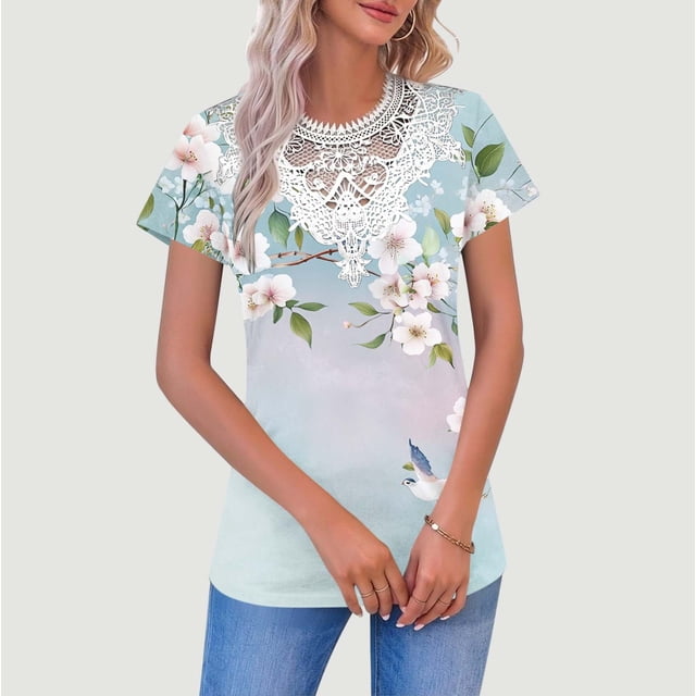 TaTaai Women's Short Sleeve V Neck Pullover Blouse, Floral Print Sheer Mesh Detail Casual Top, Lightweight Loose Fit Knit Shirt for Spring Everyday Wear Gift