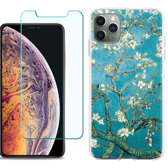 For Apple iPhone 11 Pro Max Phone Case , Slim-Fit TPU Case with Tempered Glass Screen Protector, by OneToughShield ® - Almond Blossom
