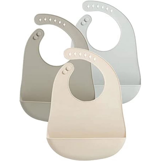 Paquete de 3 lindos baberos de silicona, súper finos y livianos para bebés y niños pequeños, baberos de silicona suave ajustables impermeables con bolsillo para recoger alimentos, unisex, no desordenado Rojo Verde