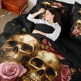 thumbnail image 5 of Manfei Couple Skeleton Skull Bedding Comforter Set 7pcs, Pink Rose Floral Flower Queen Bedding Sets, Gothic Romantic Reversible Queen Sheet Sets, Luxury Bedroom Decor, 5 of 8