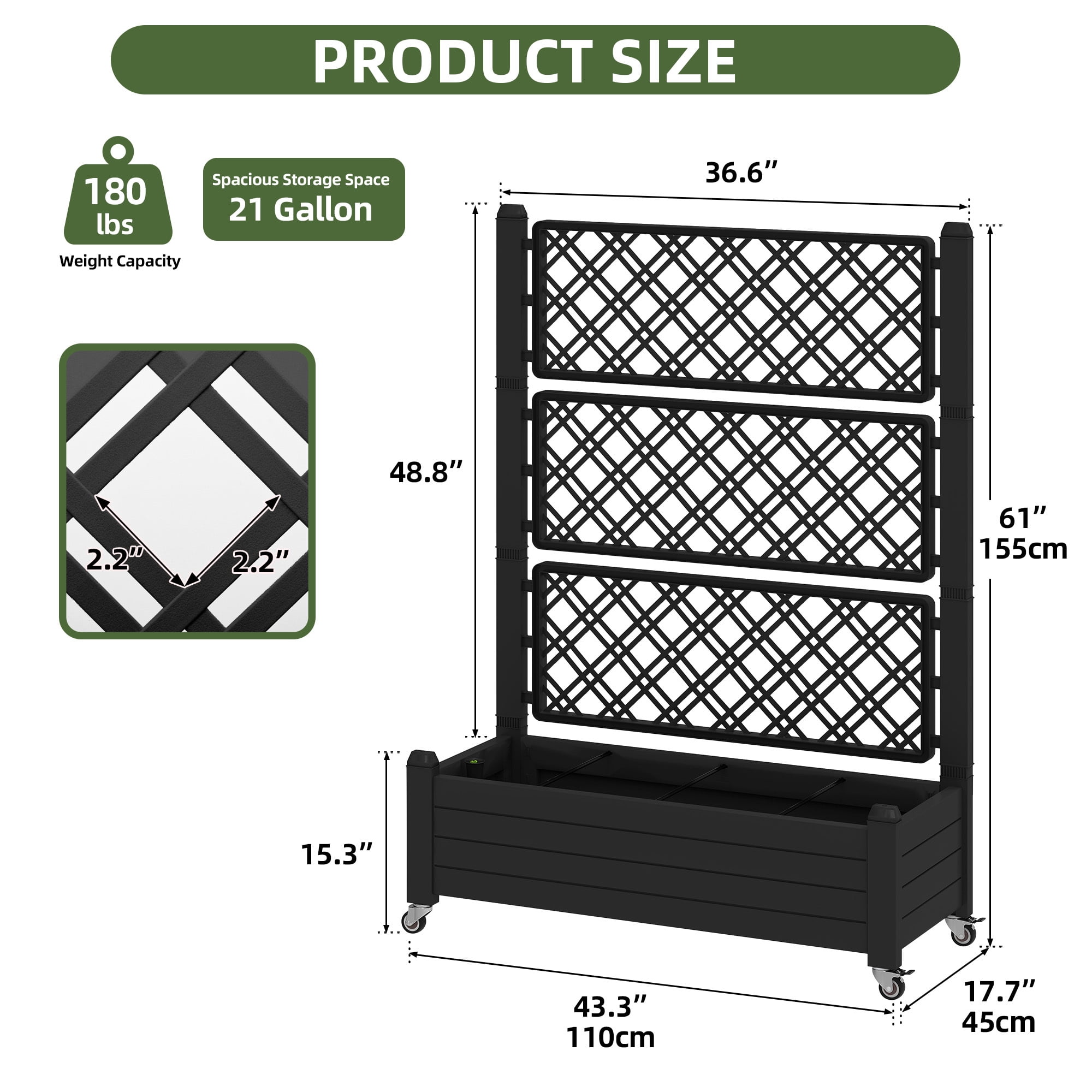 Uforic 3.6 x 1.5 x 5 FT Raised Garden Bed with Trellis, Large Outdoor Planter Box on Wheels for Patio, Black for Climbing Plants Vegetables