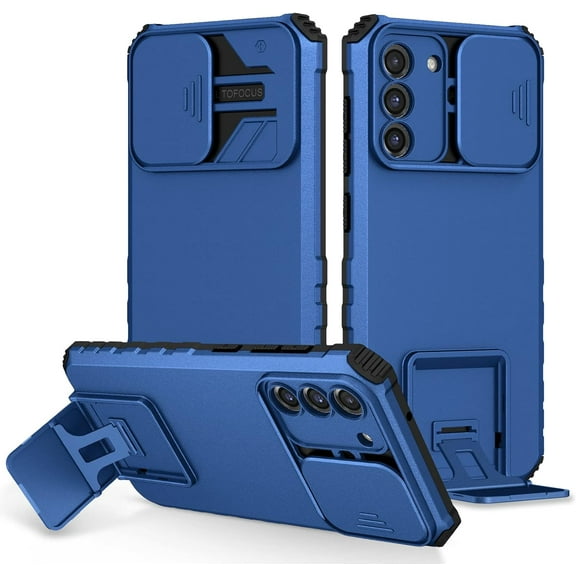 for Samsung Galaxy S21 FE 5G Case with Slide Camera Cover, Armour Silicone TPU Bumper Tough PC Cover with Kickstand, Military Shockproof Protective Cell Phone Case for Samsung S21 FE 5G Blue