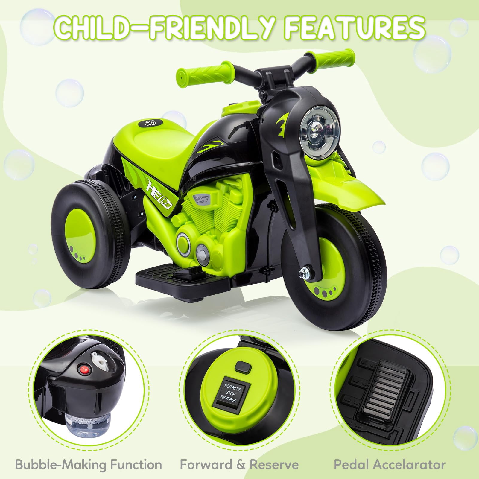 Hetoy 6V Kids Bubble Ride-On Motorcycle – Electric 3-Wheel Toy