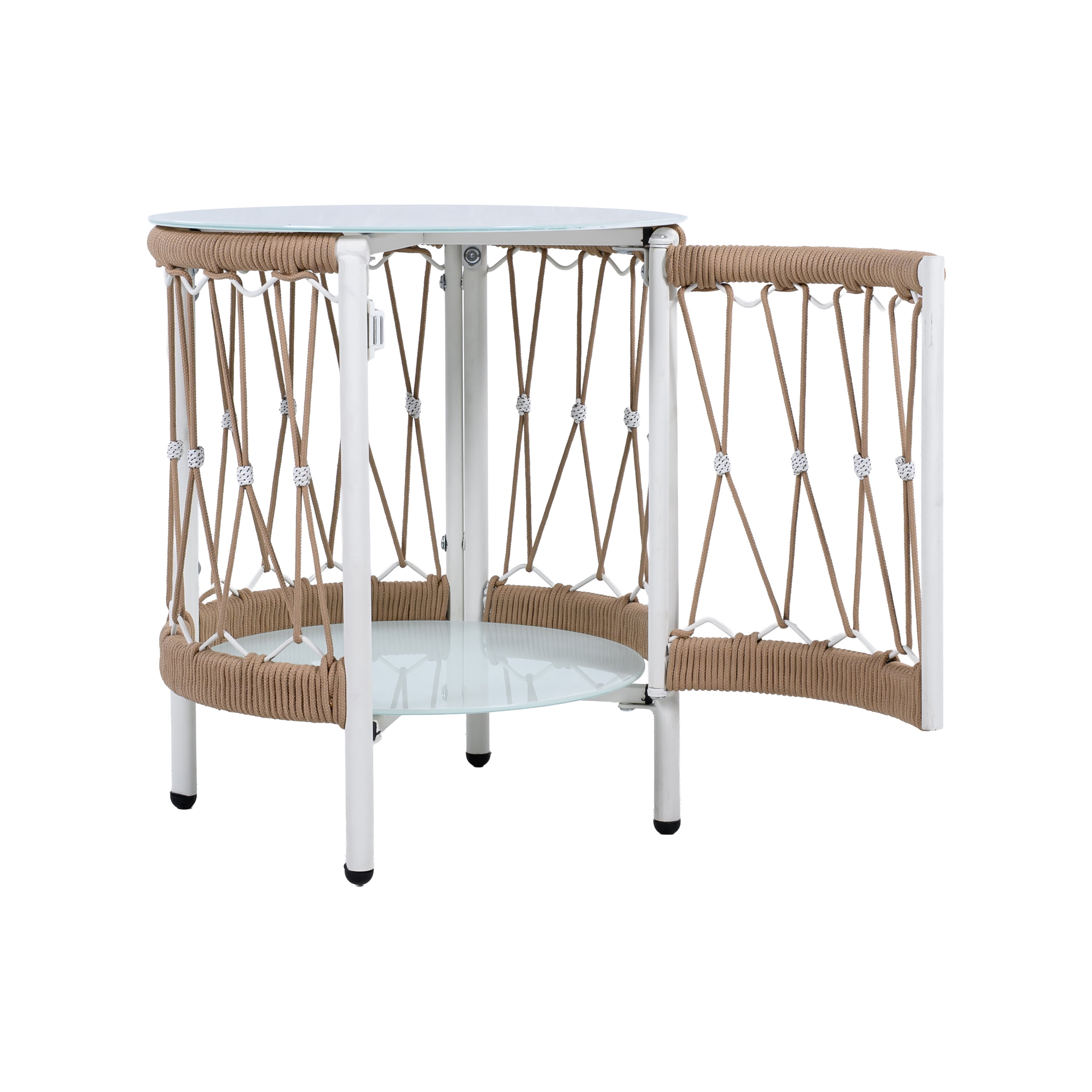 Bohemian Accent Side Table, 17.32 Inch Outdoor Table with Handwoven Rope and Steel Frame, Brown