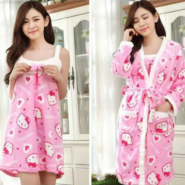Sanrio Hello Kitty Bleu Rose Peluche Coton Chemise de Nuit avec Robe Deux Pieces Pyjama Ensemble pour les Femmes a la Maison Mignon Robe de Nuit Peignoir Costume Walmart