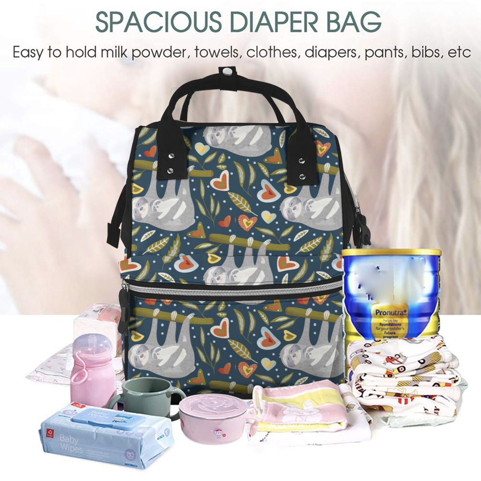 Ratiio Cute Sloth Mummy Backpack - Waterproof Twill Canvas, Large Capacity Diaper Bag with Multiple Pockets and Adjustable Straps