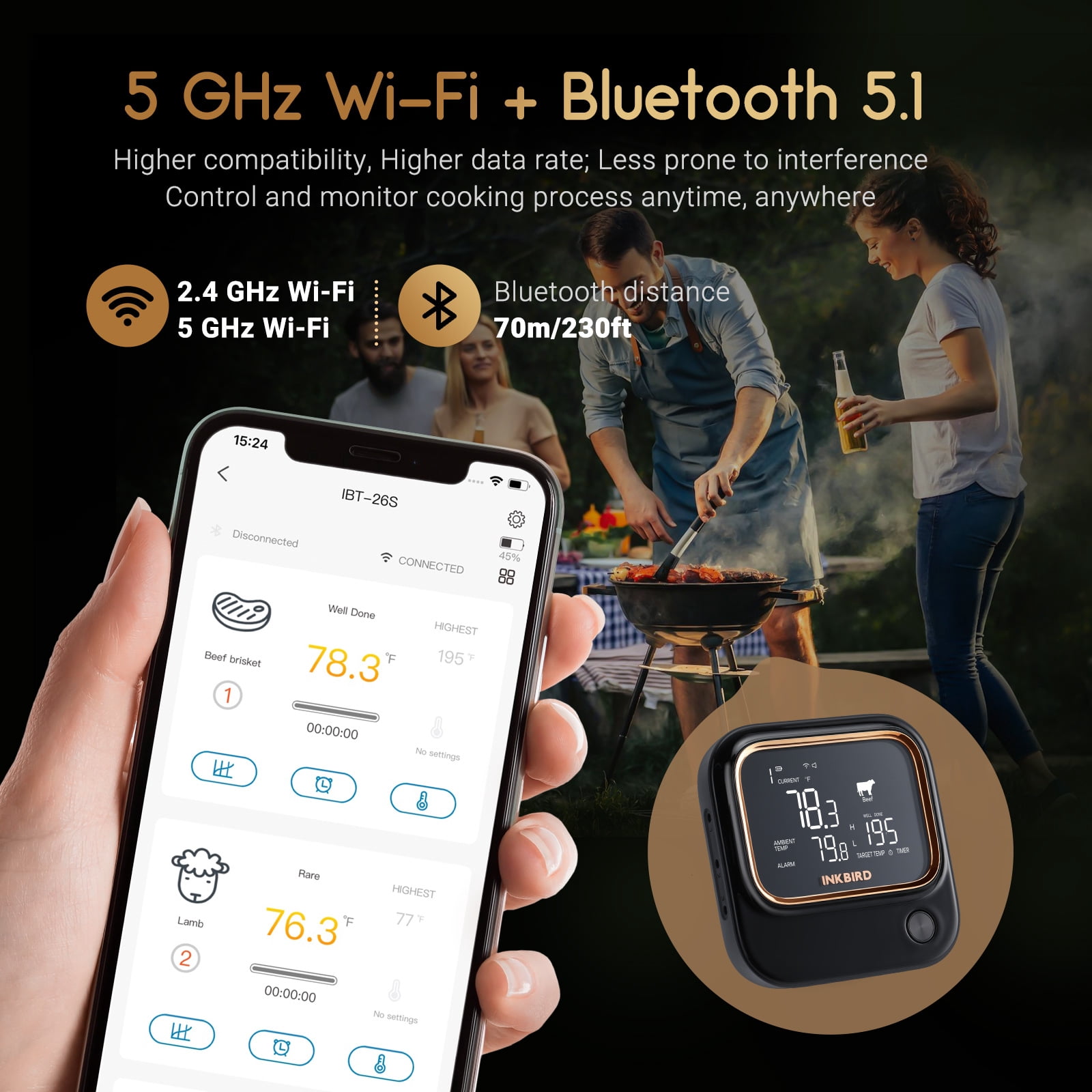 Inkbird 5GHz WiFi & Bluetooth 5.1 Meat Thermometer, Inkbird WiFi Grill Meat Thermometer for Grilling Smoker BBQ Cooking with 4 Probes, IBT-26S Wireless APP Control, Alarm Timer, Backlit LCD, Recharge