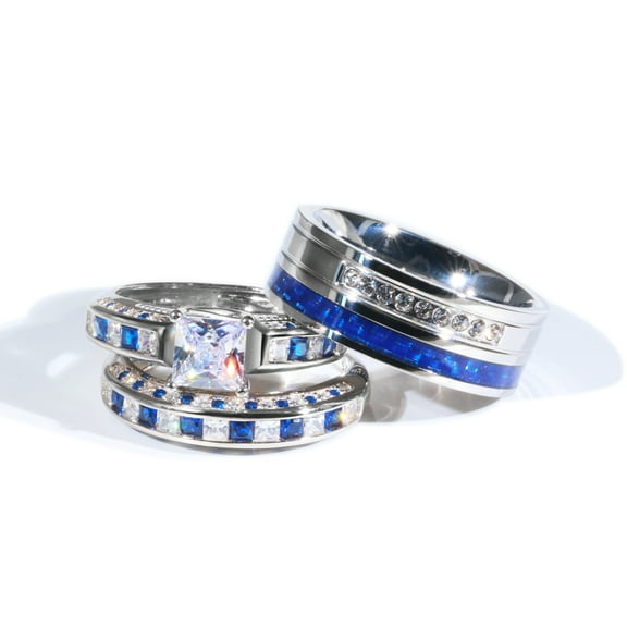 Wedding Ring Sets His And Hers Couples Women 925 Sterling Silver Blue Moissanite Man Titanium Wedding Bands Adjustable size
