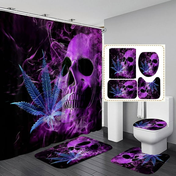 4PCS Skull Shower Curtain Sets with Rugs, Waterproof Fabric Shower Curtain, Green Leaf Skeleton Horror Halloween Cool Gothic Bathroom Decor for Men Teen Boys, Non-Slip Bath Mat Bathroom Rugs