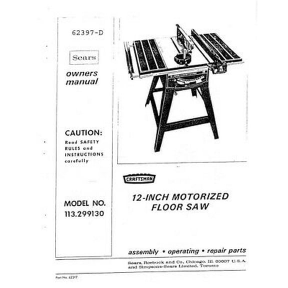 Instruction Manual ONLY for Craftsman 113.299130 Floor Saw Owners Instruction Manual REPRINT