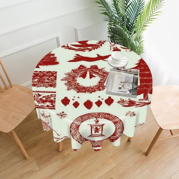 RKSupls 60 Inch Round Tablecloth, Red Christmas Toile Premium Polyester Straight Edge Wrinkle Resistant Washable Table Cover for Party Home Dining Decor