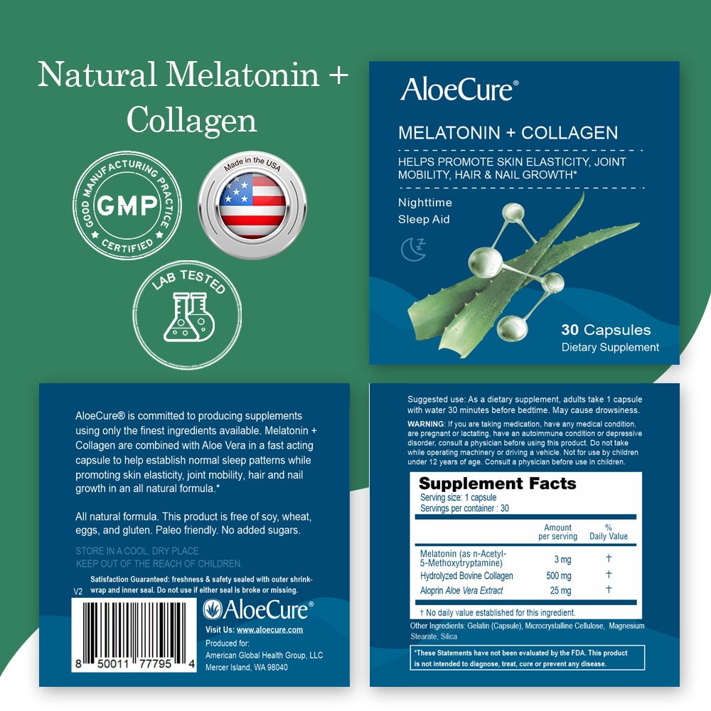 AloeCure Natural Melatonin + Collagen with Organic Aloe Vera - Natural Sleep Aid Supplement for Restful Nights - Collagen Complex for Joint Strength, Skin Elasticity, Hair & Nail Growth, 30 Caps x 6