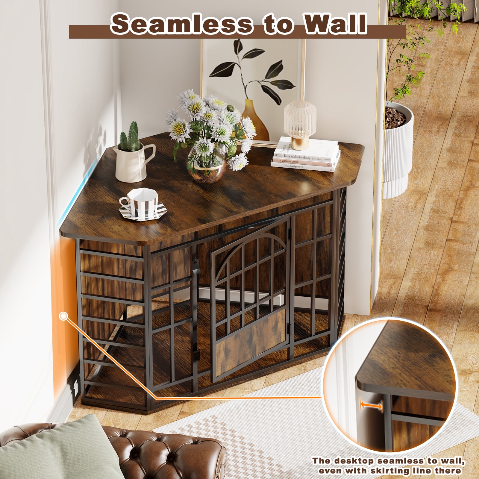Fowroa 52 Inch Wooden Corner Dog Crate Furniture, Indoor Decorative Dog Kennel for Medium & Large Dogs, Brown