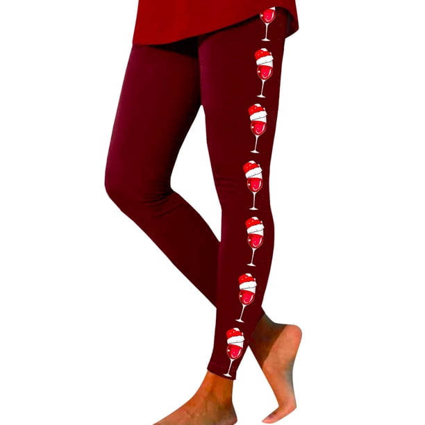 Gibobby Leggings de forro polar para mujer Leggings para mujer Leggings de entrenamiento Pantalones de bloque de color con estampado navideño Leggings elásticos (Vino, S)