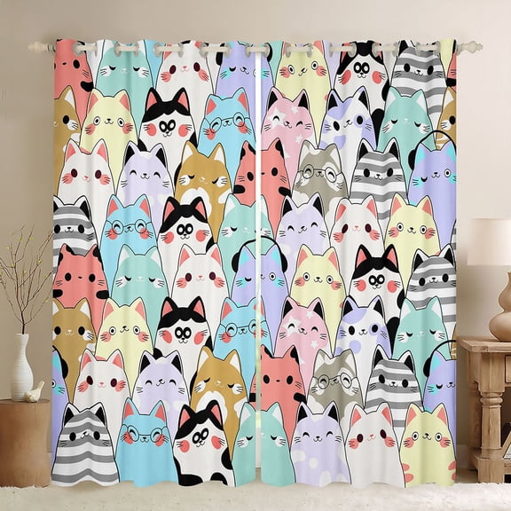 Homewish Colorful Cartoon Cat Black Out Curtains,Cute Funny Kitten Curtains Pack of 2 (42x63 Each),Kawaii Print Bedroom Curtains For Girls Boys,Super Cozy Room Decor