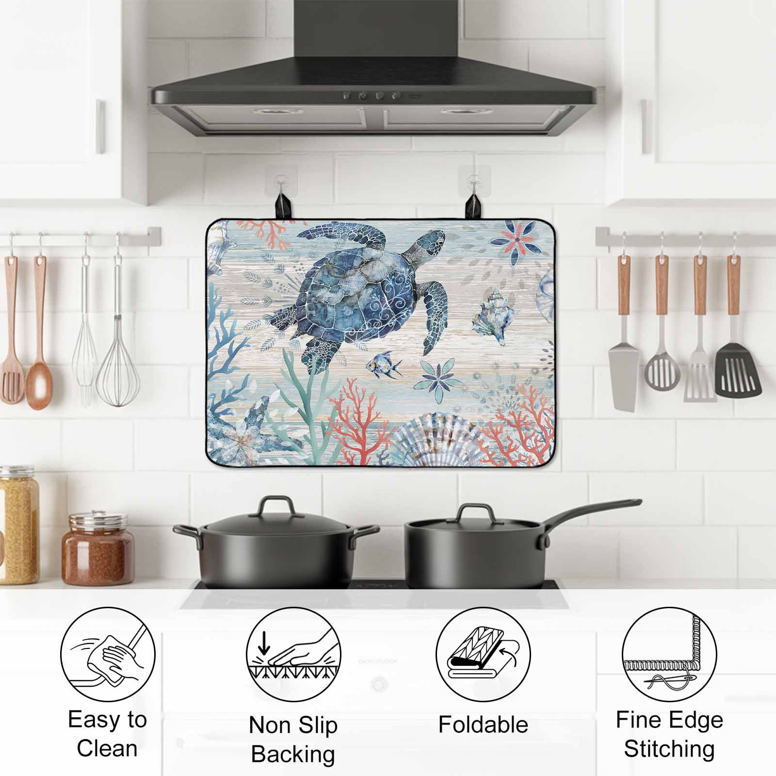 Coastal Turtle Stove Top Cover for Electric Stove, Heat-proof & Non Slip Glass Top Stove Cover Protector, Rustic Nautical Starfish Conch Coral Wood Kitchen Flat Cooktop Rubber Mat 24x21 Inches