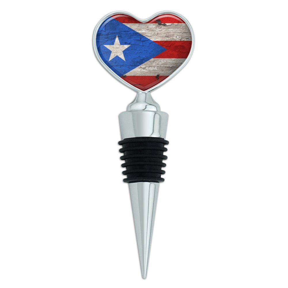 Rustic Distressed Puerto Rico Flag Wood Look Heart Love Wine Bottle