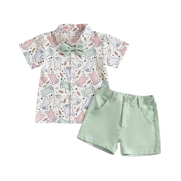 Odeerbi 6M-4Y Niños Trajes de Pascua de Verano Traje de Caballero de Algodón Vestido Formal Camisa de Manga Corta Cintura Elástica Pantalones Cortos Conjunto de Dos Piezas