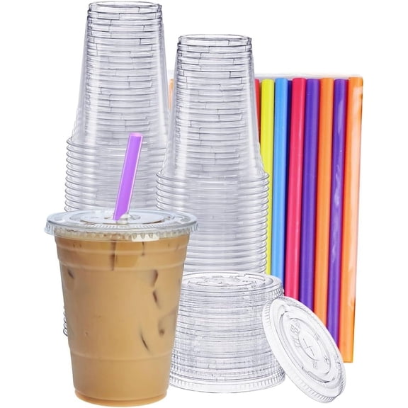 GUSTO 16 oz Clear Plastic Cups with Flat Lids & Straws for Coffee, Slushie, Milkshakes, 100-Pack