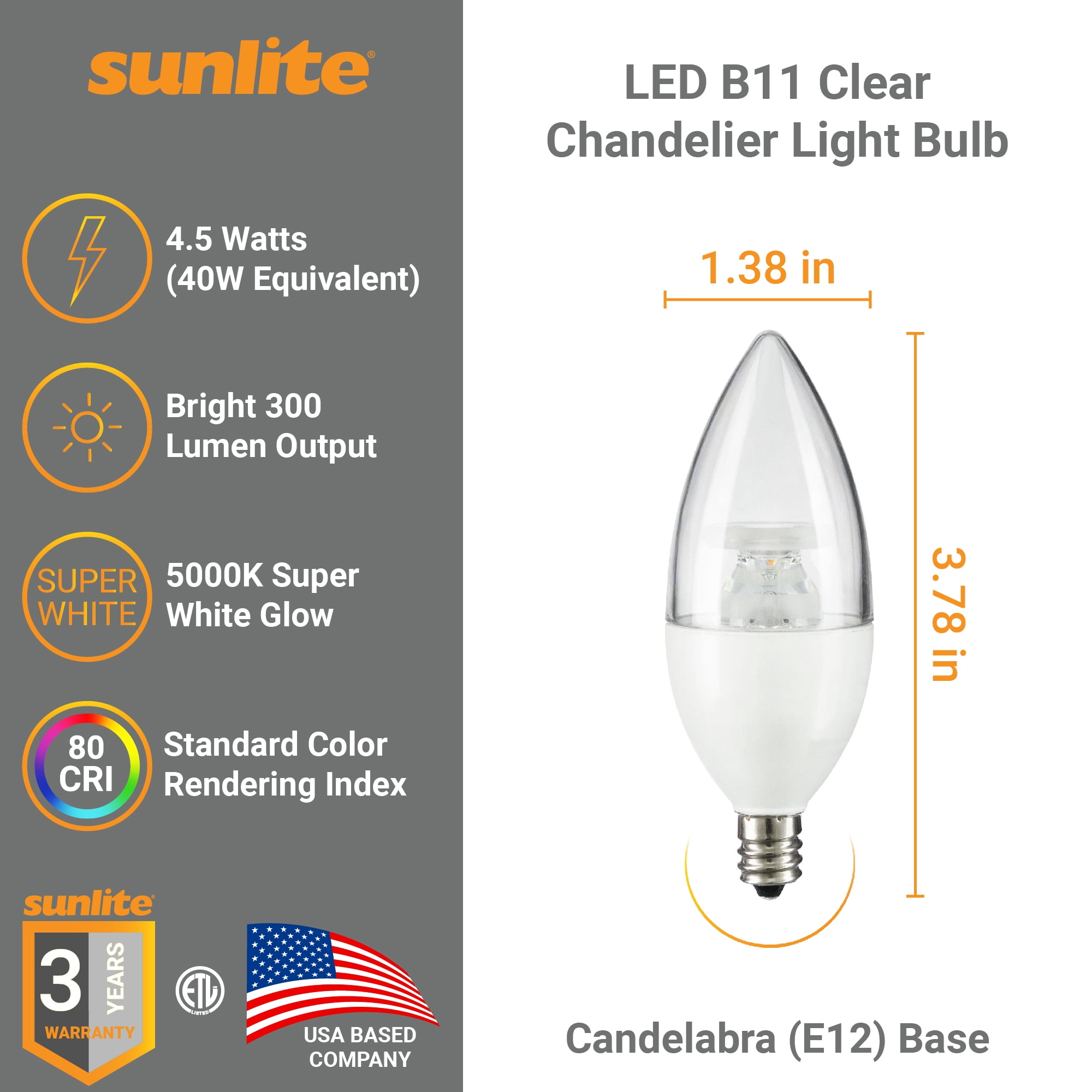 Sunlite LED B11 Clear Torpedo Tip Chandelier Light Bulb, 4.5 Watts (40W Equivalent), Candelabra E12 Base, Dimmable, 5000K Daylight, 6 Pack