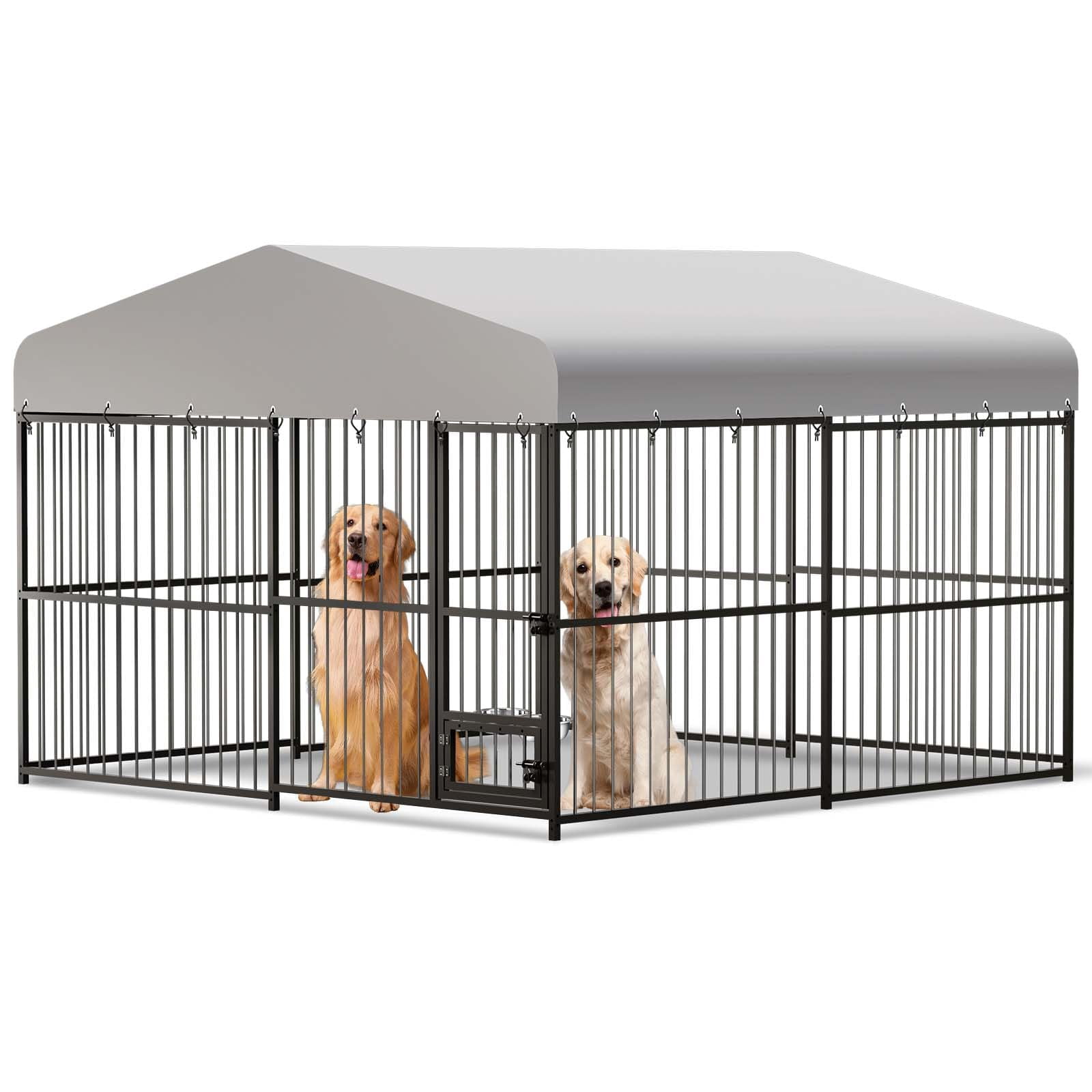 Large Outdoor Dog Kennel, 10x10ft Dog Kennel Outside with 2 Stainless Steel Bowls, Waterproof Cover, Outdoor Dog Enclosures for Large Dogs