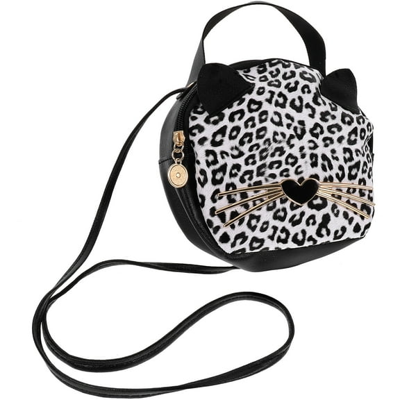 Small Round PU Tote Handbag with Leopard Print and Cute Cartoon Cat Ears, Casual Shoulder Bag for Girls and Women, Speckled Brown