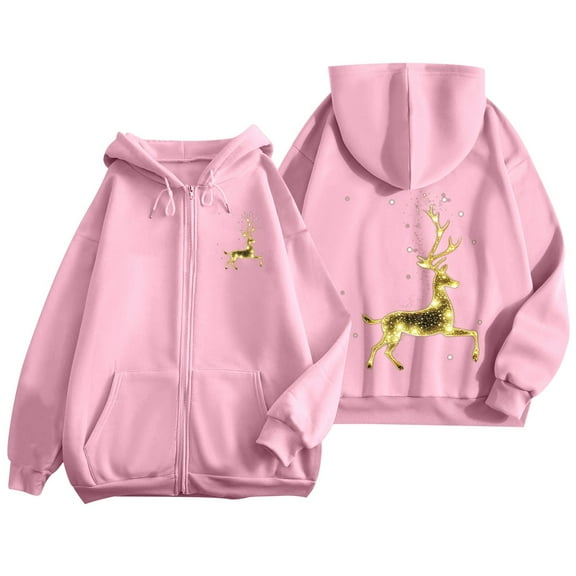 Fiaer Womens Christmas Hoodies Deer Graphic Full Zip up Long Sleeve Hooded Sweatshirts Oversized Drawstring Pocket Tops Pink S