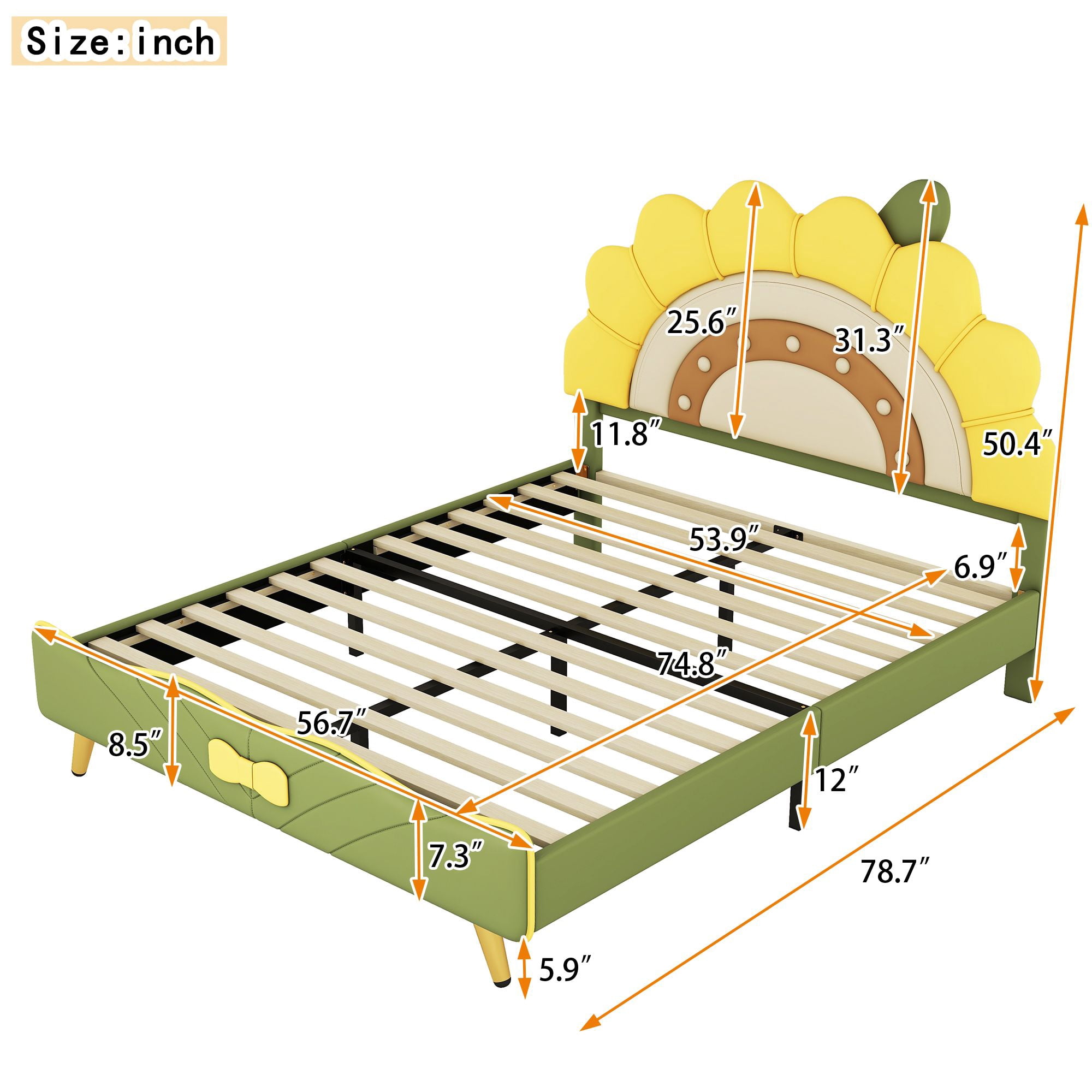 Aukfa Full Upholstered Bed Frame, Cartoon Bed with Sunflower Shape Headboard for Kids, Green