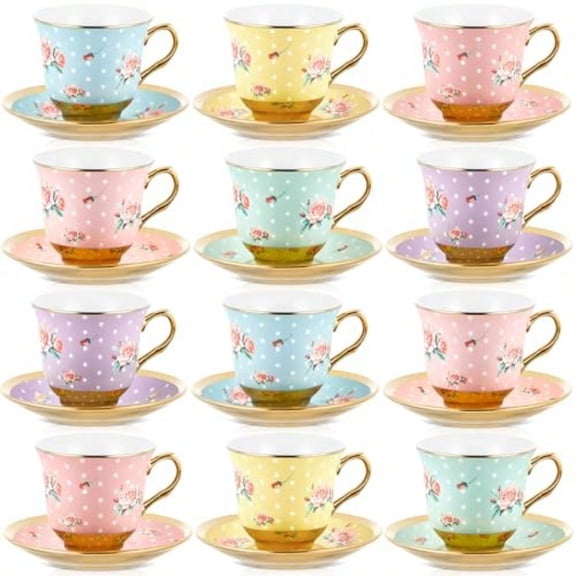 Set of 12 Tea Cups and Saucers Tea Party Decorations Floral Porcelain 5.4 oz British Gift for Women Birthday Party Church and Mother's Day Vintage Style