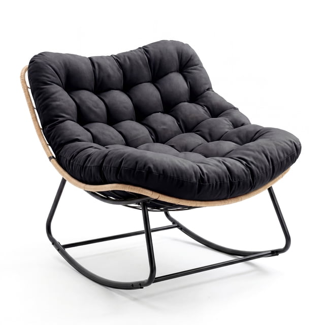 Heavy Duty Patio Rocking Chair-Single Arc Leg Design-450lbs Weight Capacity- Water Resistant Cushion-Metal Frame Rattan Chair for Indoor Outdoor Patio Garden Living Room-Yellow Rattan Black Cushion