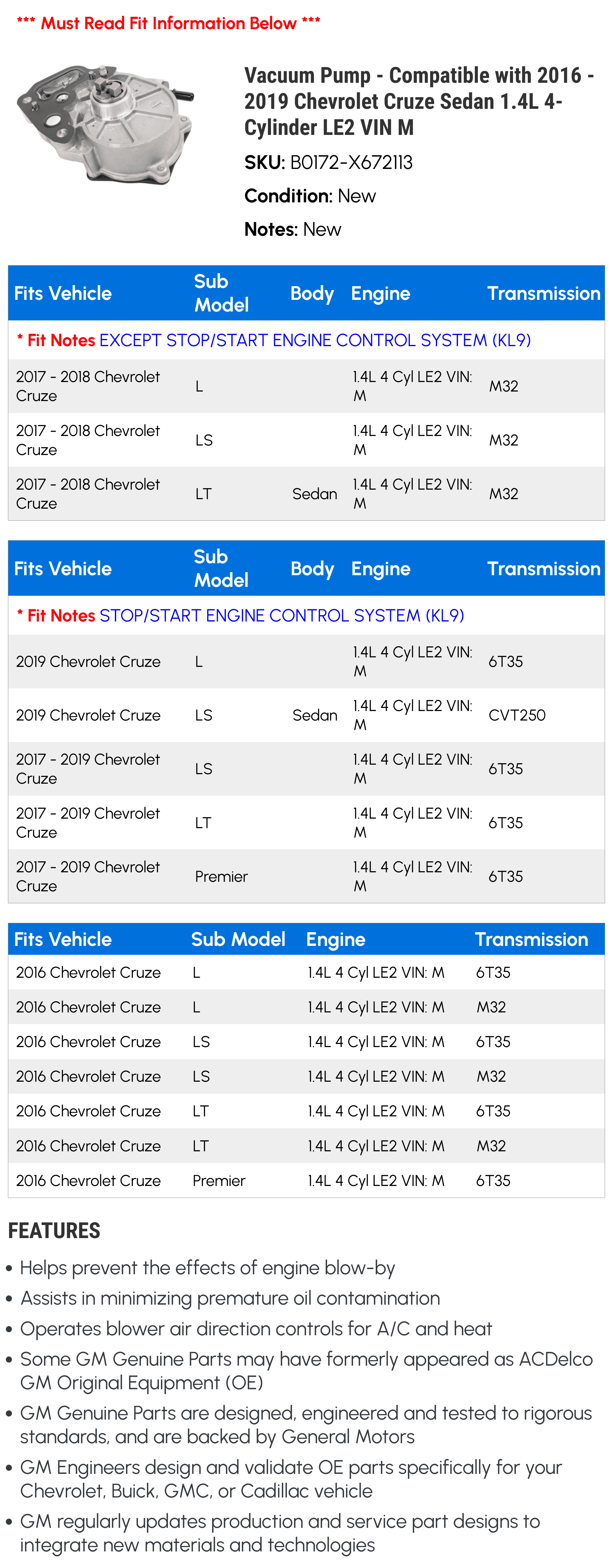 Vacuum Pump - Compatible with 2016 - 2019 Chevrolet Cruze Sedan 1.4L 4-Cylinder LE2 VIN M - AC Delco