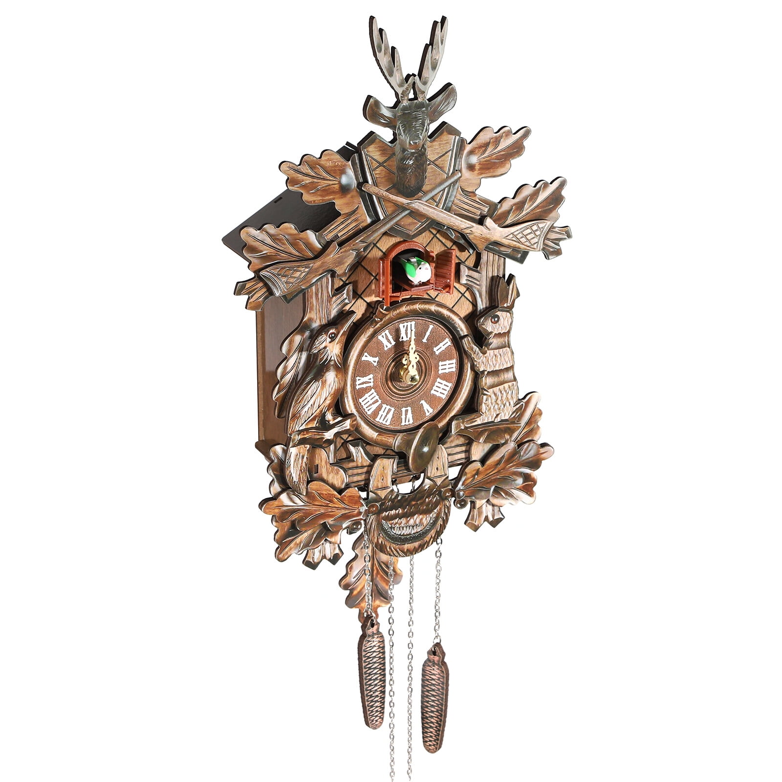 Cuckoo Clock Wall Clock – Vintage German Black Forest Style Quartz Clock with Moving Bird & Sound, 3D Wooden Design, Battery Operated for Living Room Bedroom Kitchen Office–Hunter Clock Black Forest