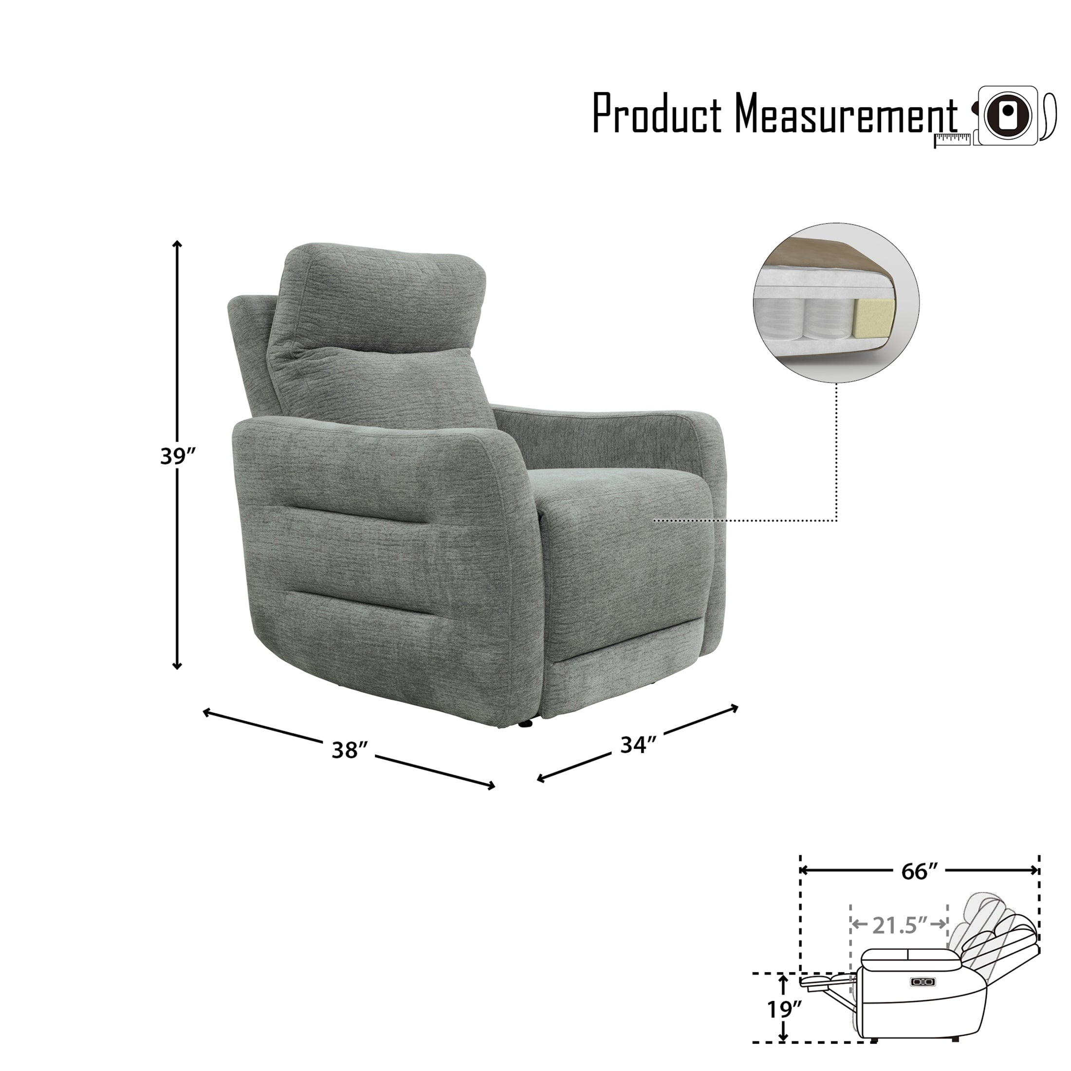 OakvillePark Gormley Chenille Fabric Upholstered Power Lay Flat Reclining Chair, Dove Gray