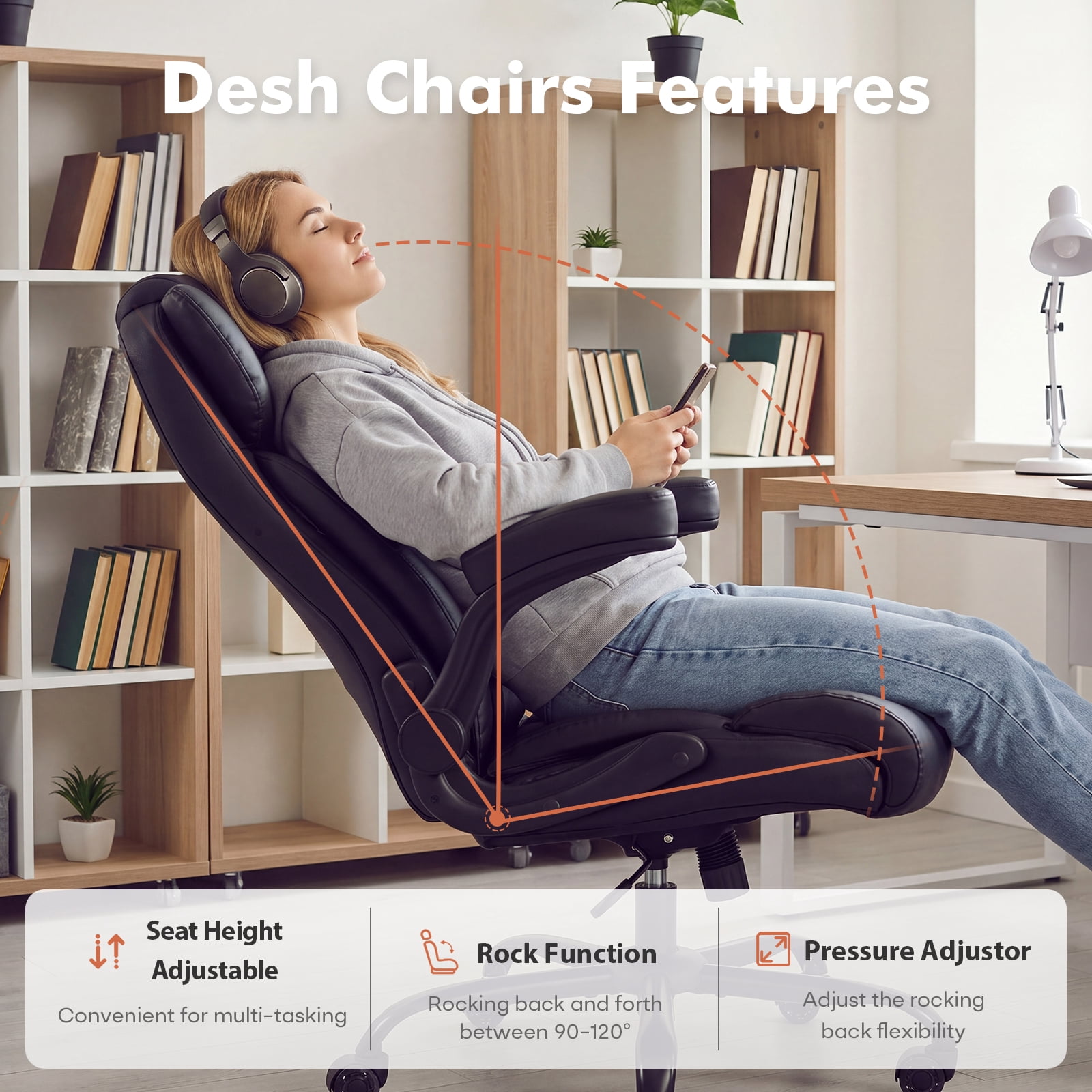 Ninecer Ergonomic Leather Office Chair with Adjustable Flip-Up Arms and Lumbar Support, Black