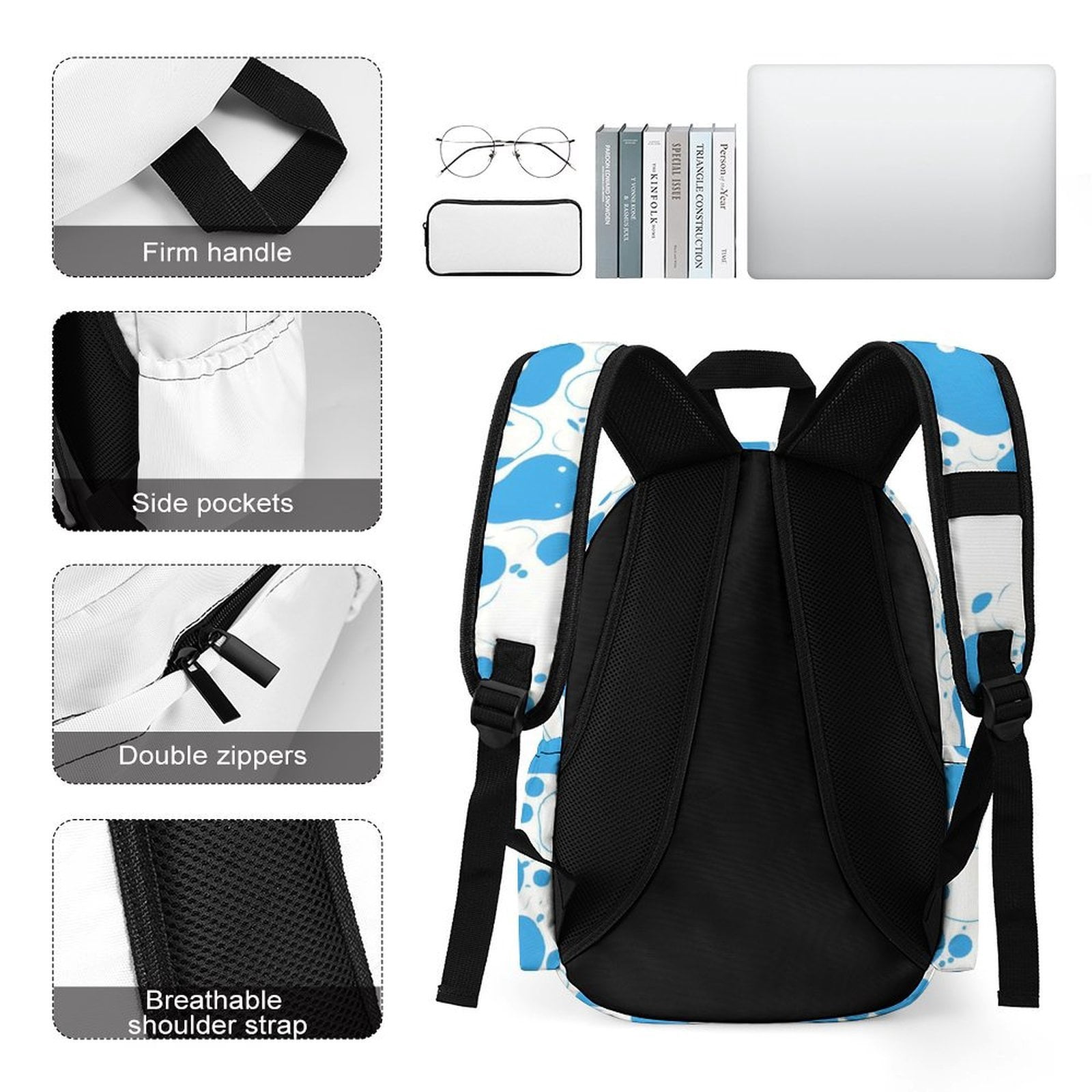 Large Capacity Half Print Backpack 11.8×16.5×5.9in Multifunctional Zipper Design Convenient Switch Milk Cow Skin Print Style PowDerBlue_3